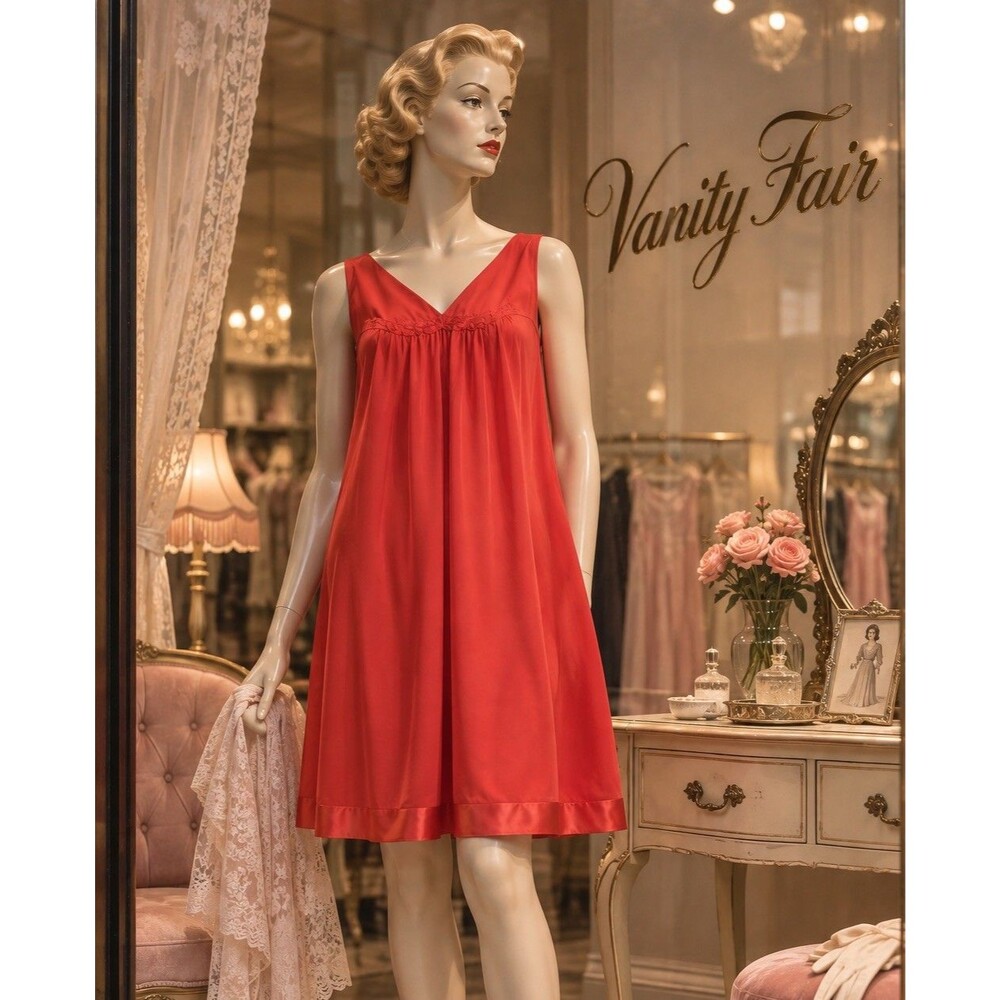 Vanity Fair Red Sleeveless V-Neck Lace Accent Nightgown Gown Women's M